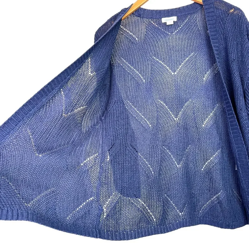 Sundance Linen Blend Open Knit Cardigan Chevron Blue Relaxed Boho in Blue W's Sm